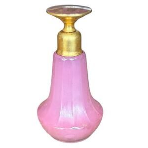 Art Deco Pink Glass Tower Perfume Bottle Pink Dauber Gold Tone Accents